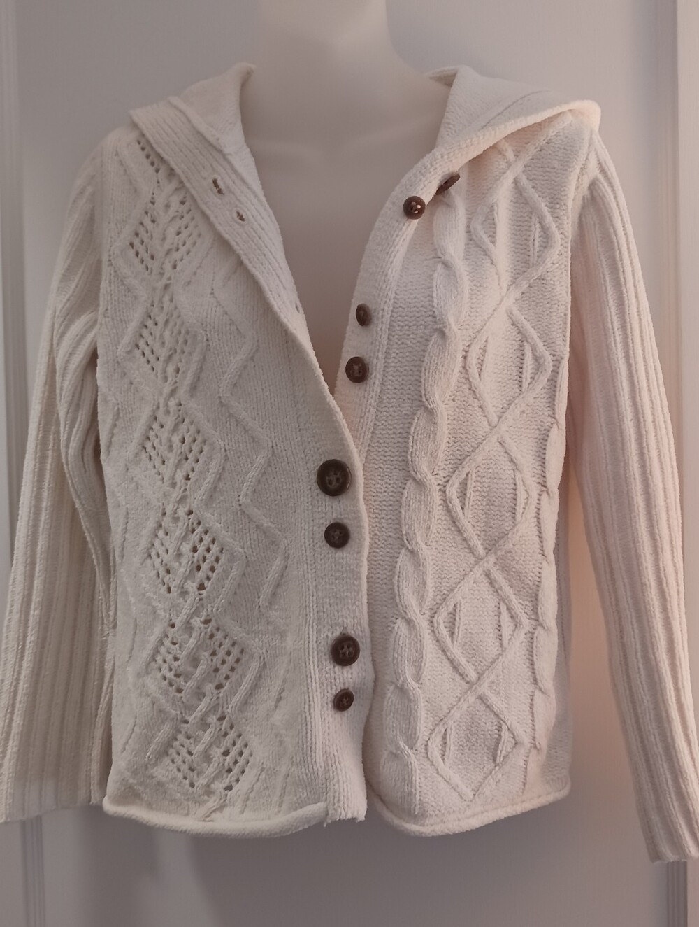 J. Jill Cream Cable Knit Hooded Button Cardigan